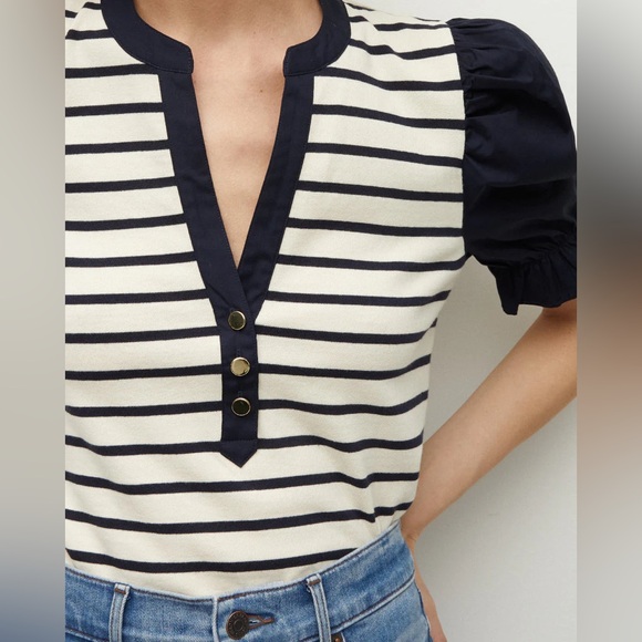 Veronica Beard Raegan Short Puff Sleeve Striped Top NWT - Picture 3 of 7